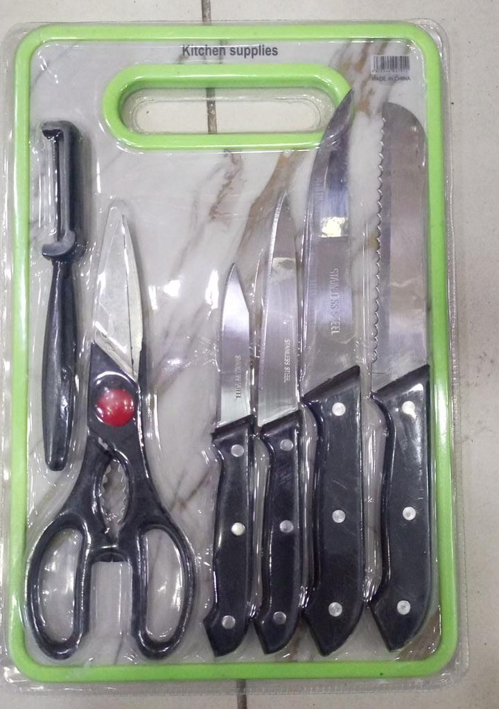 6 in 1 Stainless Steel Knives Set�For meat, bread, fruits, and vegetables | Kitchen Knife Set with Scissors, Peeler &amp; Cutting Board �All-in-One Cooking Essentials with Ergonomic Handles &amp; Sharp Stainless Steel Blades