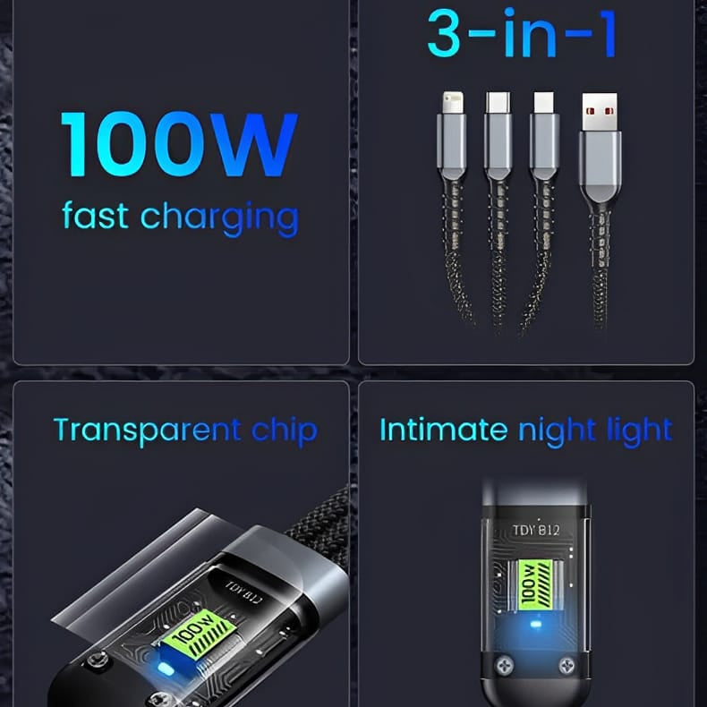 Gamen 3 in 1 Fast Charging Cable | 100W Fast Charging Cable Multi Charger Cable Nylon Braided Multiple USB Universal 3 In 1 Charging Cord Adapter With Type-C Micro BYJ ( With Box )