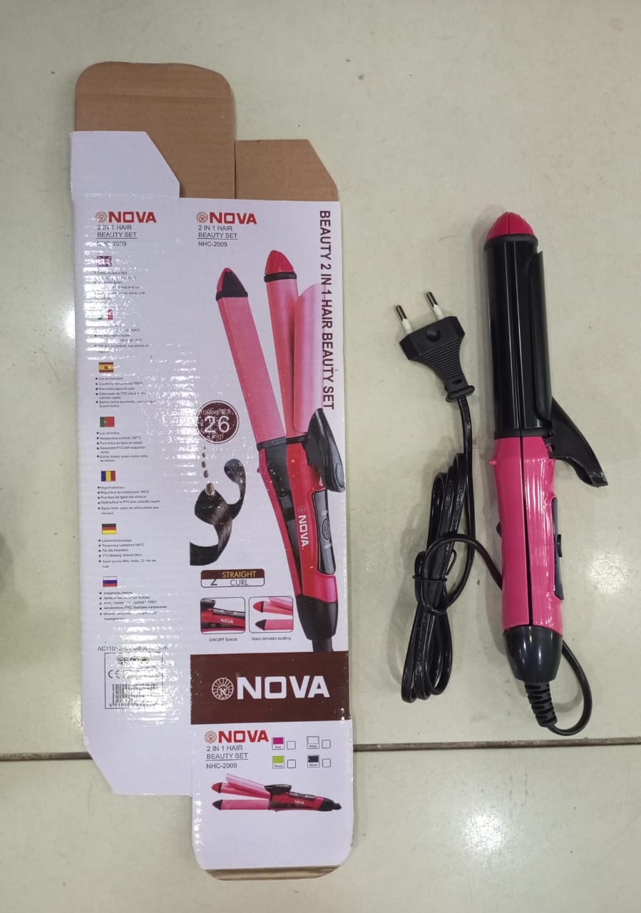2-in-1 Nova Hair Straightener and Curler �Dual-Use Styling Tool with Quick Heat-Up Technology, Ceramic Plates for Smooth Straightening &amp; Effortless Curls Model-NH-2009 �Portable, Lightweight, Ideal for Home or Travel Use