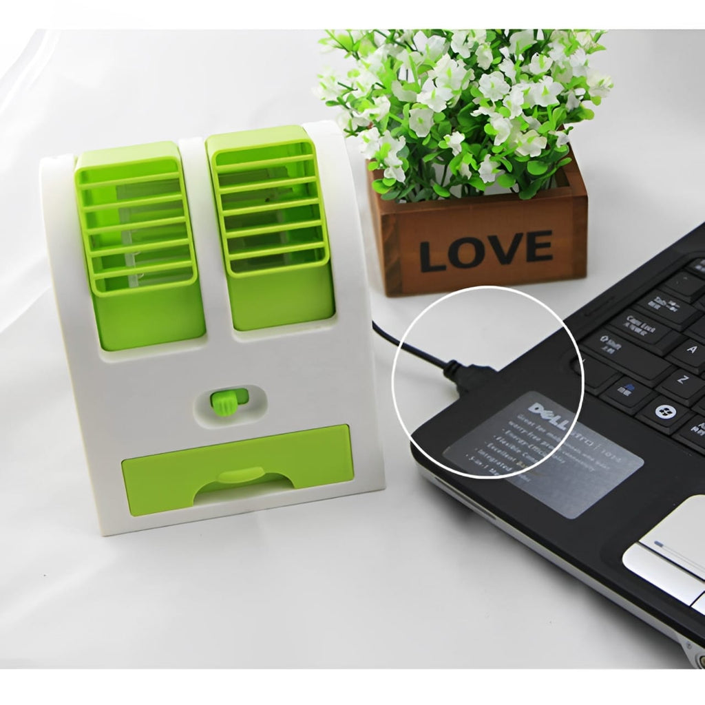 Portable Mini AC Air Cooler �USB &amp; Battery Operated | Dual Blower with Ice Tray | Blade-less Cooling Fan for Home, Shop, Kitchen, Table &amp; Outdoor Use