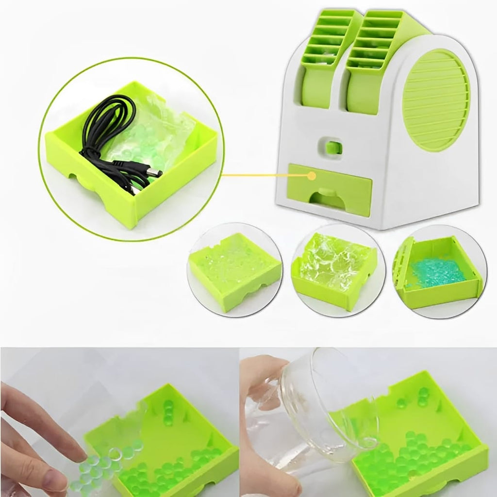 Portable Mini AC Air Cooler �USB &amp; Battery Operated | Dual Blower with Ice Tray | Blade-less Cooling Fan for Home, Shop, Kitchen, Table &amp; Outdoor Use