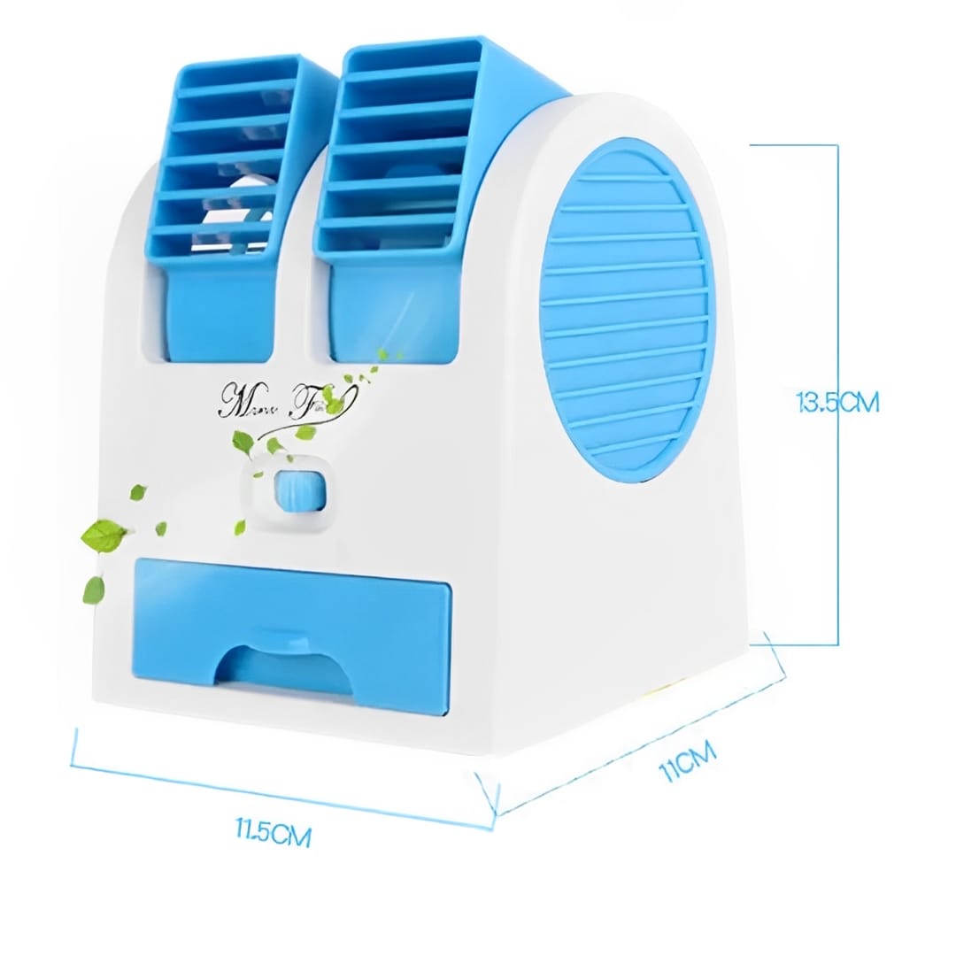 Portable Mini AC Air Cooler �USB &amp; Battery Operated | Dual Blower with Ice Tray | Blade-less Cooling Fan for Home, Shop, Kitchen, Table &amp; Outdoor Use