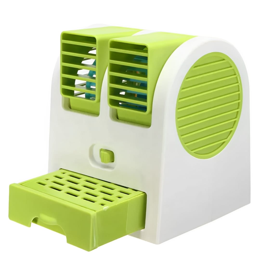 Portable Mini AC Air Cooler �USB &amp; Battery Operated | Dual Blower with Ice Tray | Blade-less Cooling Fan for Home, Shop, Kitchen, Table &amp; Outdoor Use