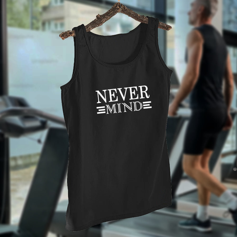 NEVER MIND Design - Black Jersey Printed Gym Sando Tanks Top For Men | Workout Tank top gym shirts for men | Sleeve-Less Shirt - M
