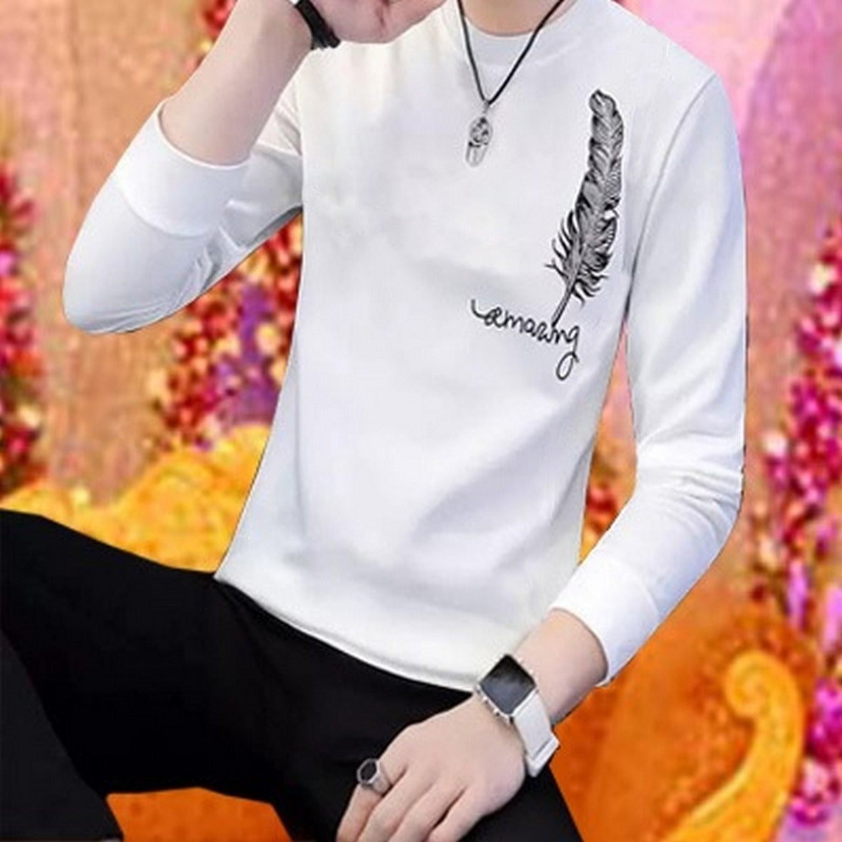Men's Stylish Leaf Print Full Sleeves T-Shirt - Latest Designer Summer Collection | Premium Stitched Party &amp; Casual Wear for Him - White - M