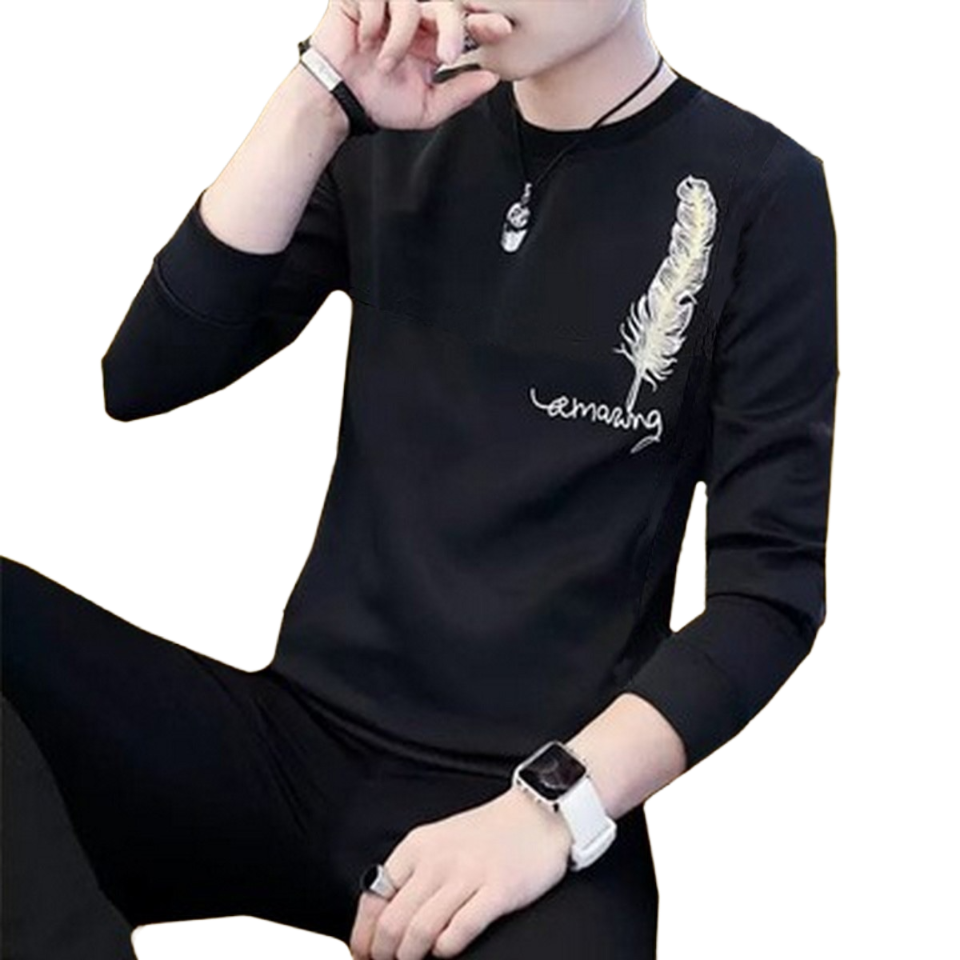 New Collection: Men's Stylish Print Full Sleeves T-Shirt - Premium Quality &amp; Fashionable Design for a Smart Look | Black Leaf Print T-Shirt - M