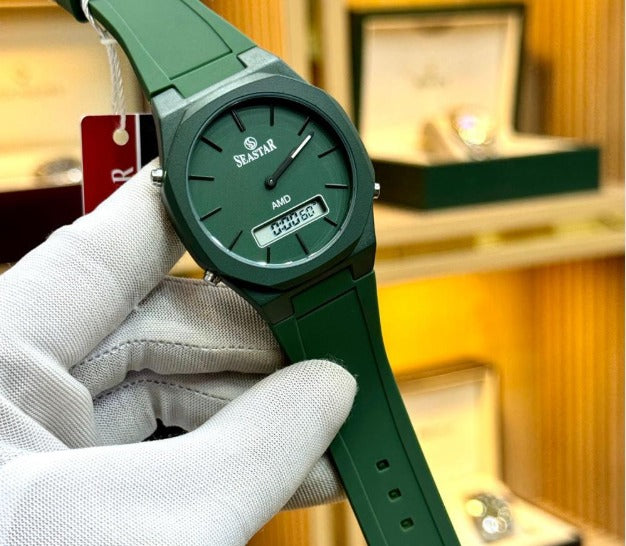 SEASTAR SS-1110Gc Men? Waterproof Quartz Watch �Analog Digital Display, Silicone Strap, Premium Build (Without Box) - Green