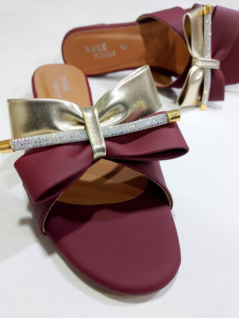 Stylish Maroon Block Heel Slip-On Slippers for Women with Golden Bow and Rhinestone Detailing �Comfortable Daily &amp; Party Wearone perfect pair Stylish | Comfortable | Premium Quality | Slipper | Slipper For Women (With Box) - 7