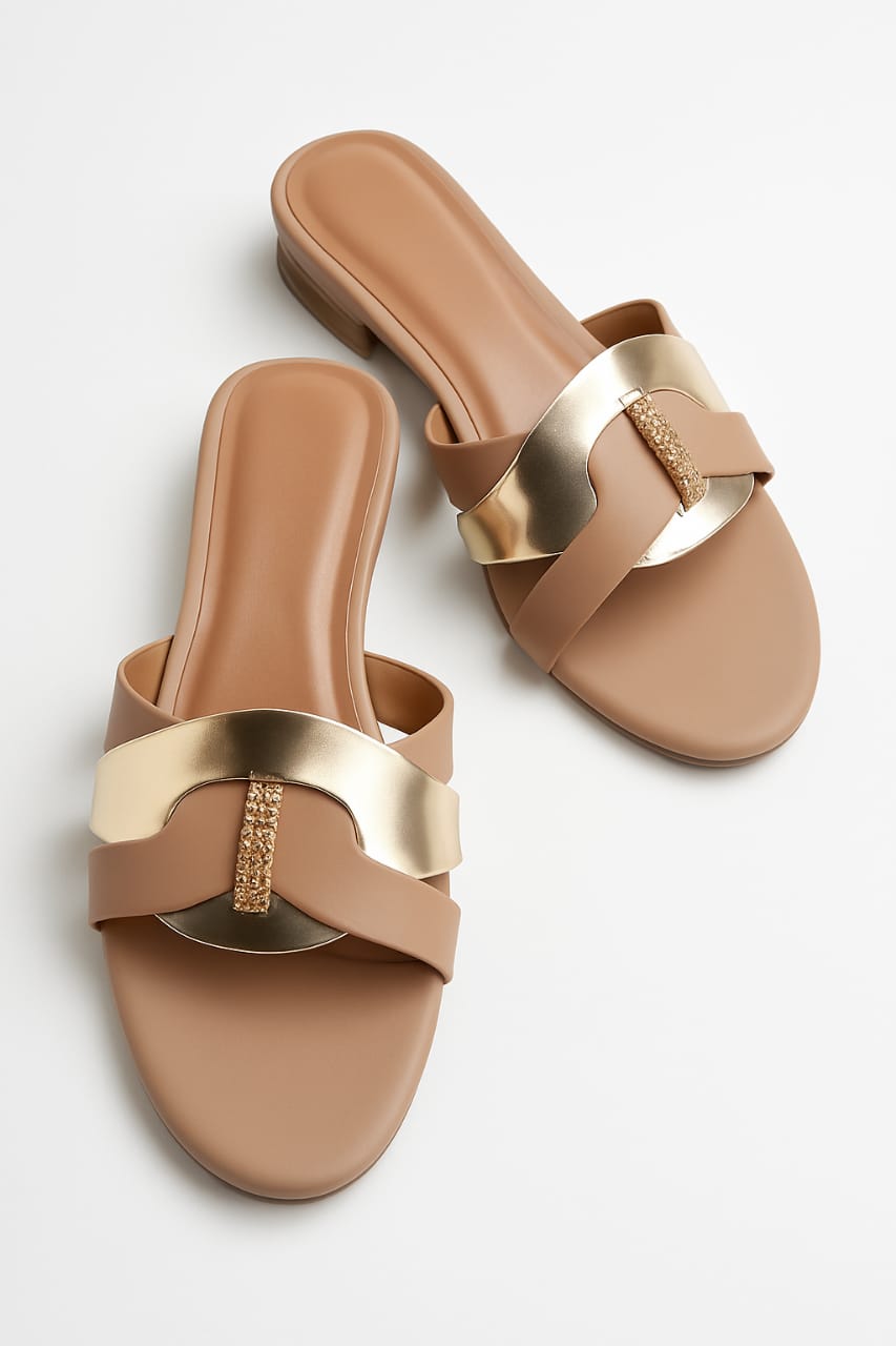 Women's Tan &amp; Gold Embellished Flat Sandals �Stylish Slip-On Slides with Luxury Comfort &amp; Chic Gold Accent Shine with every step �comfort class in one perfect pair | Slipper | Slipper For Women (With Box) - 7