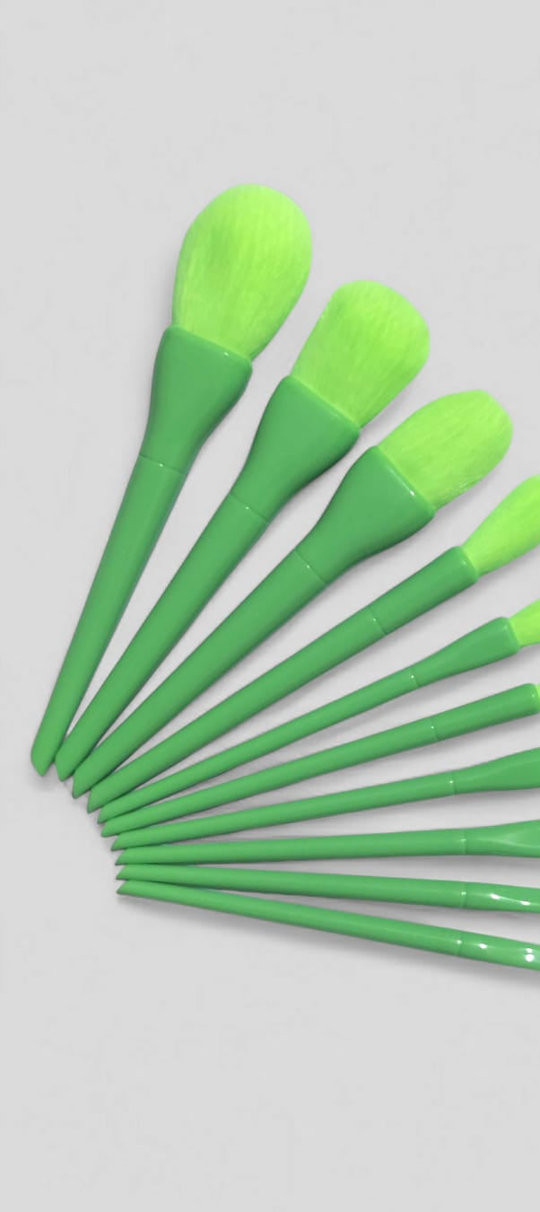 10 Pcs Professional Makeup Brush Set �Face, Eyes &amp; Lips | Concealer, Blush, Eyeshadow, Highlighter | Orange &amp; Green Colors - Green