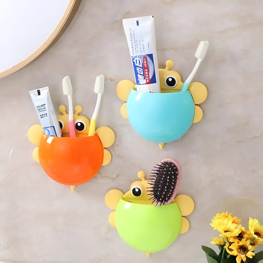 Bee Shaped Plastic Toothbrush Holder with Suction Hook �Cute Wall Mounted Toothbrush Stand for Kids &amp; Travel (Random Colors)