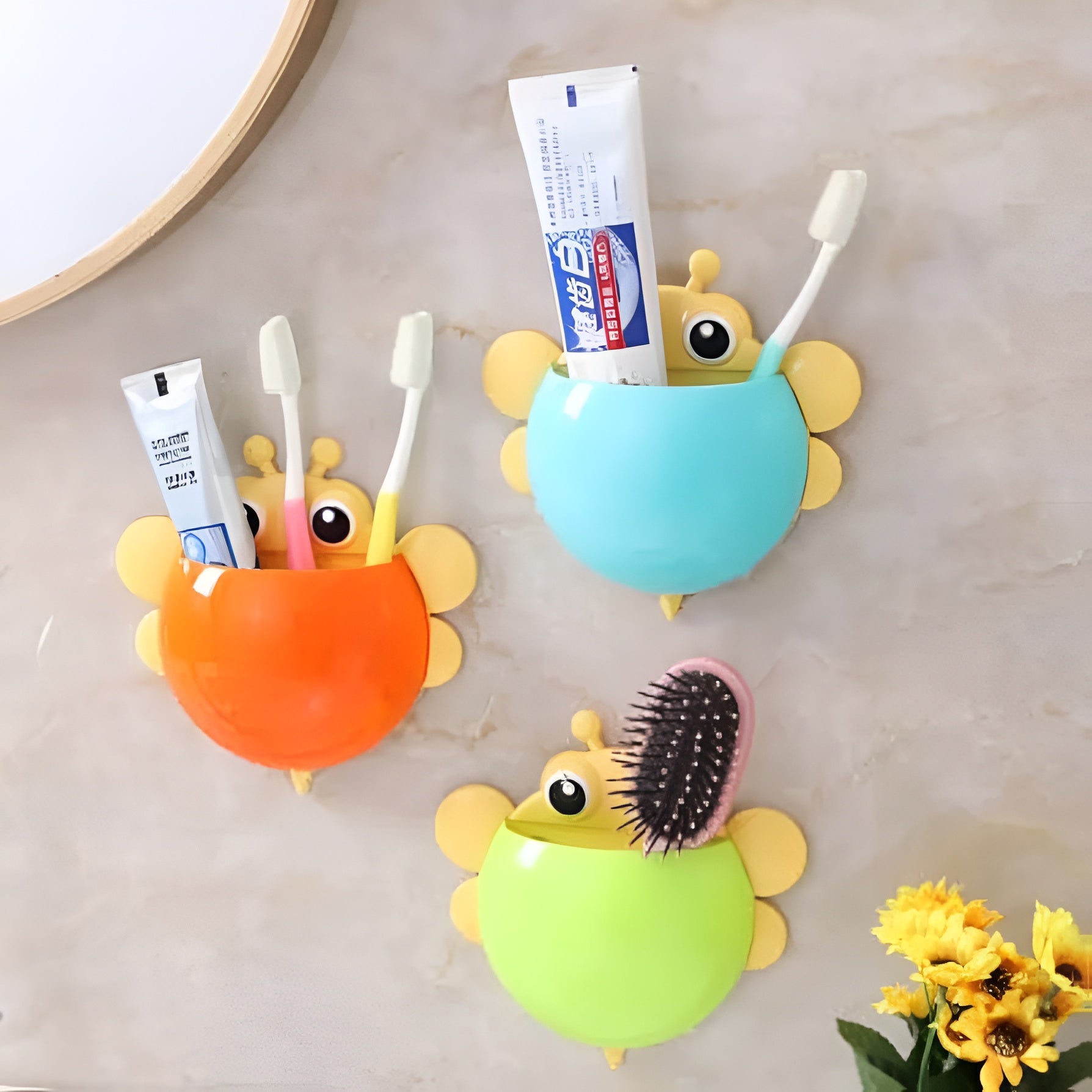 Bee Shaped Plastic Toothbrush Holder with Suction Hook �Cute Wall Mounted Toothbrush Stand for Kids &amp; Travel (Random Colors)