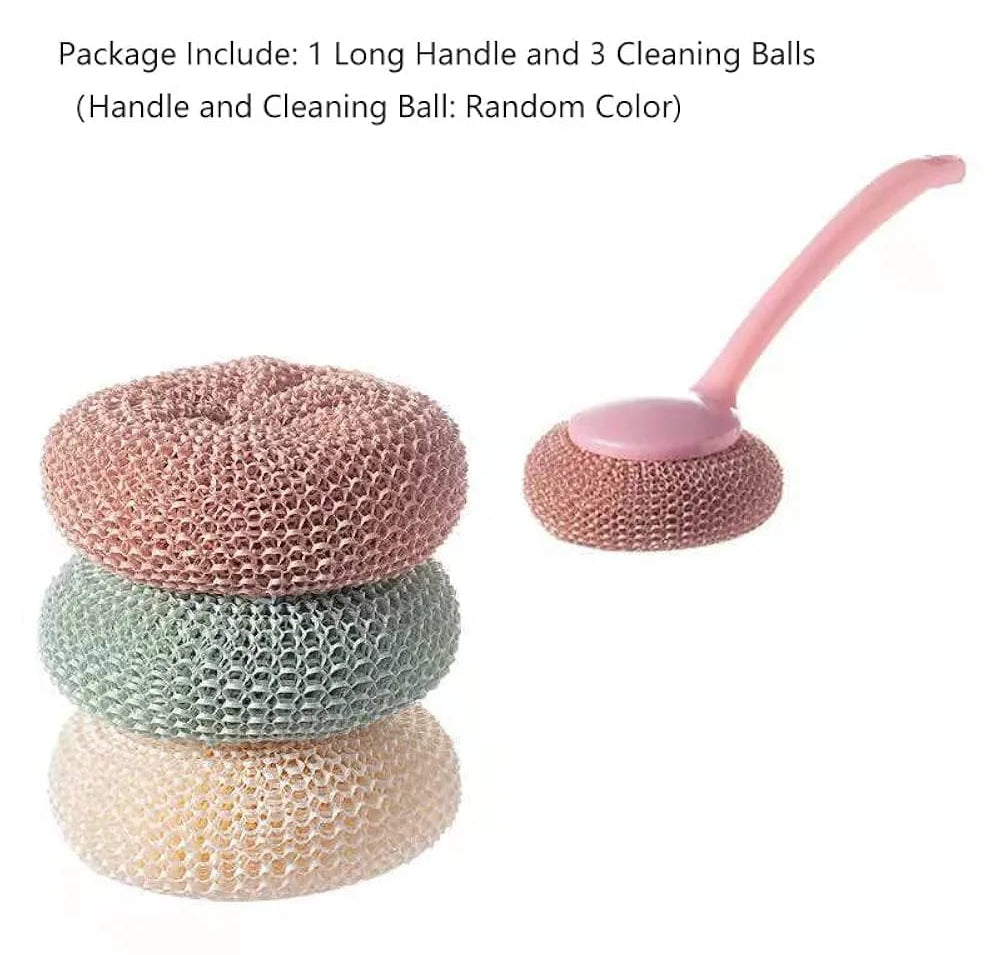 Multipurpose Fiber Cleaning Balls with Long Handle �Reusable Scrubbers for Kitchen &amp; Household Cleaning (1 Handle &amp; 3 Balls)(Random color)