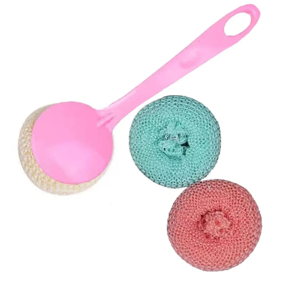 Multipurpose Fiber Cleaning Balls with Long Handle �Reusable Scrubbers for Kitchen &amp; Household Cleaning (1 Handle &amp; 3 Balls)(Random color)