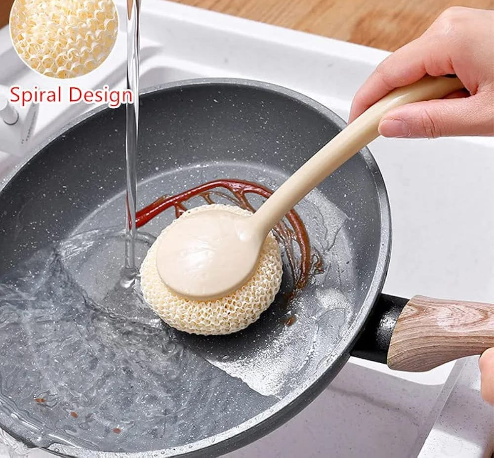 Multipurpose Fiber Cleaning Balls with Long Handle �Reusable Scrubbers for Kitchen &amp; Household Cleaning (1 Handle &amp; 3 Balls)(Random color)