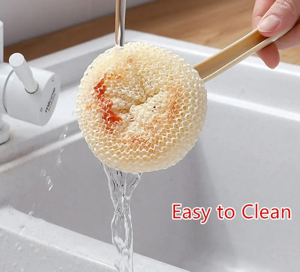 Multipurpose Fiber Cleaning Balls with Long Handle �Reusable Scrubbers for Kitchen &amp; Household Cleaning (1 Handle &amp; 3 Balls)(Random color)