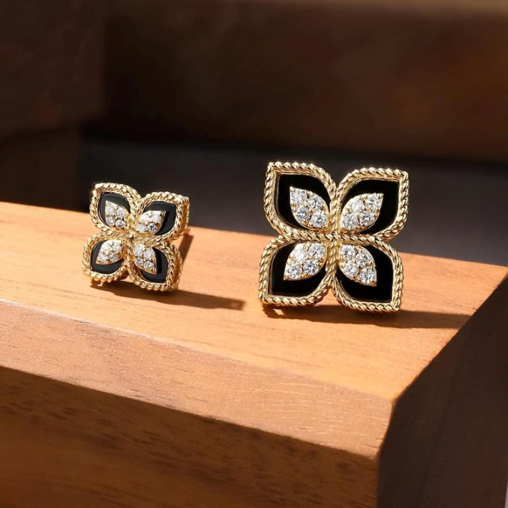 Black and Gold Floral Earrings �Sparkling Four-Leaf Studs with Cubic Zirconia (PJT-991)