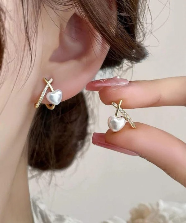 Stylish Minimalist Pearl Heart Earrings �Gold Hoop with Crystal Detailing - Cross Heart Peal Korean Earrings (PJT-993) - GOLDEN