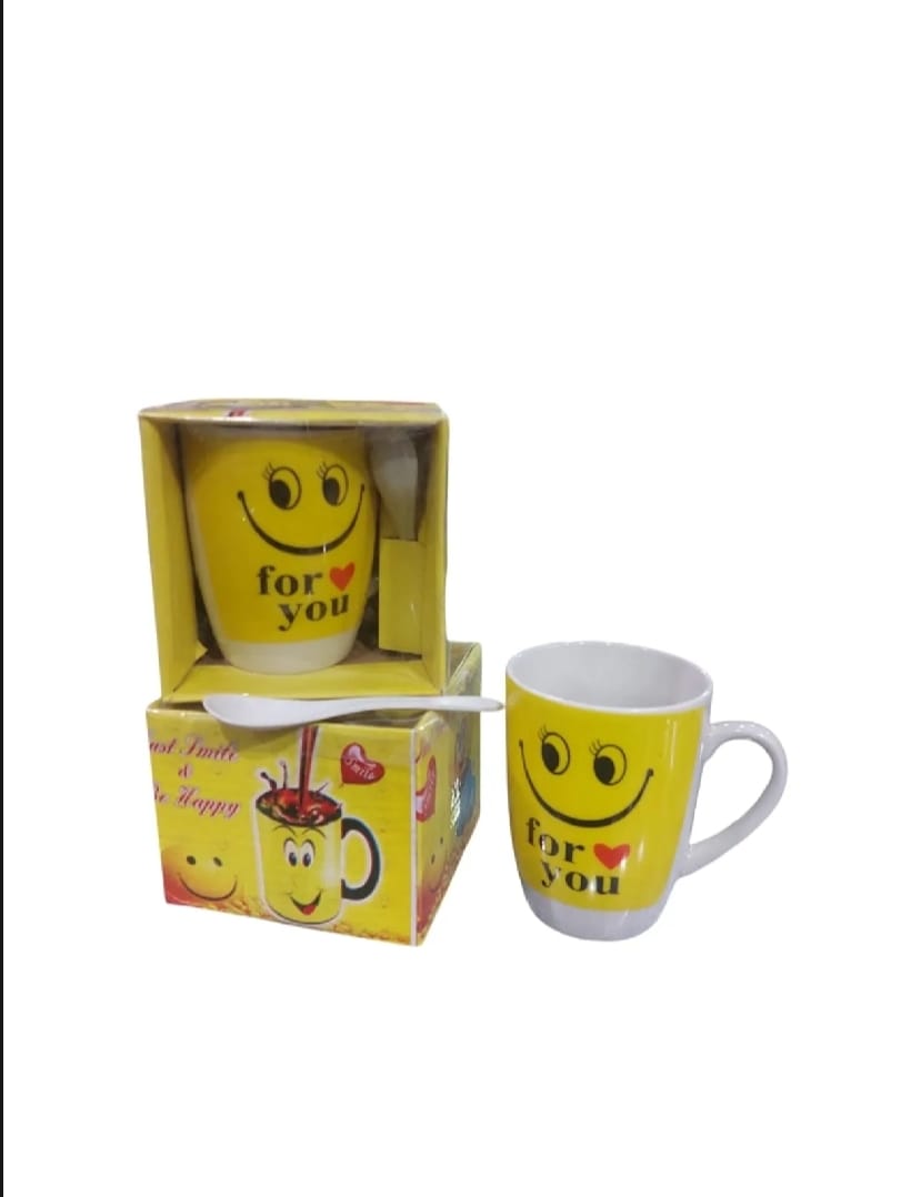 Smart and Cute Emoji Ceramic Smiley Cup with Spoon �Stylish Tea and Coffee Mug, Perfect Gift for Birthday, Celebration, and Decoration (Random Designs)