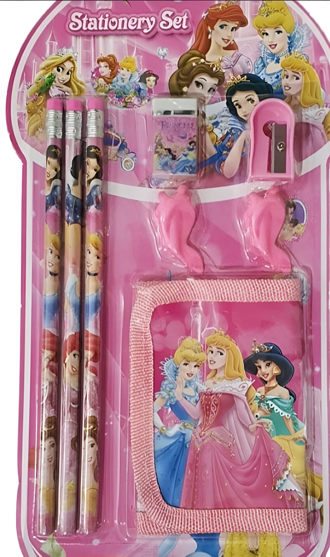 8 Pcs Disney Stationery Gift Set for Kids �Includes Pencils, Eraser, Sharpener, Pencil Caps &amp; Wallet (Random Character)