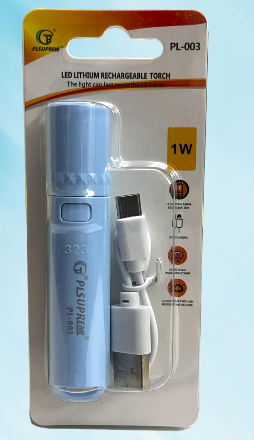 Pl 003 Long Range LED Rechargeable Torch Light �1000 Lumens, 3 Modes, 500m Beam Distance, 1400mAh Battery with USB Cable, Durable Outdoor Flashlight