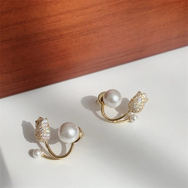 Beautiful Pearl Zircon Korean Flower Earrings for Women �Elegant Floral Design with Sparkling Zircon and Pearl Detailing | Premium Silver and Golden Fashion Jewelry for Parties, Weddings, and Daily Wear | AWT-999 - Golden