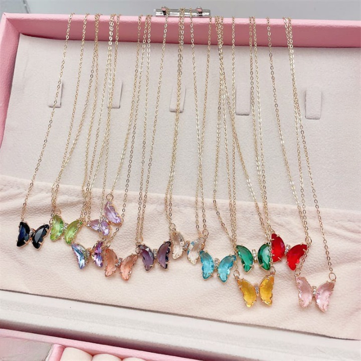 Crystal Butterfly Pendant Necklace for Women �Gold Chain Fashion Jewelry Gift (AWT-108) - Black
