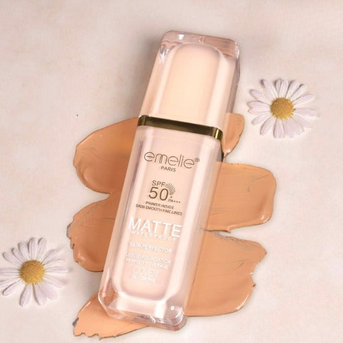 Emelie Paris SPF 50+ Foundation with Primer (30 ml) �Full Coverage, Waterproof, Matte Finish - Shade # 1