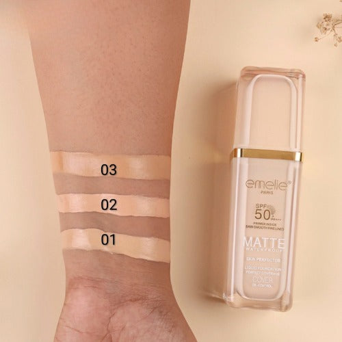 Emelie Paris SPF 50+ Foundation with Primer (30 ml) �Full Coverage, Waterproof, Matte Finish - Shade # 1