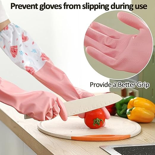 Long Reusable Dishwashing Gloves with Warm Fleece Lining �Extra Long Waterproof Rubber Cleaning Gloves, Anti-Slip, Heat Resistant for Kitchen, Laundry, and Household Use (Random Color)
