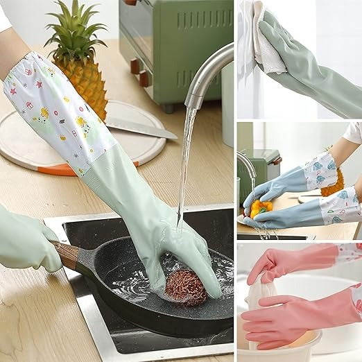 Long Reusable Dishwashing Gloves with Warm Fleece Lining �Extra Long Waterproof Rubber Cleaning Gloves, Anti-Slip, Heat Resistant for Kitchen, Laundry, and Household Use (Random Color)