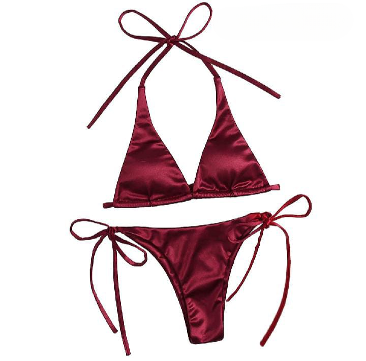 Women? Bikini Set �Halter Neck Triangle Top & Adjustable Side-Tie Bottom | Stylish Swimwear for Beach & Pool (Maroon)