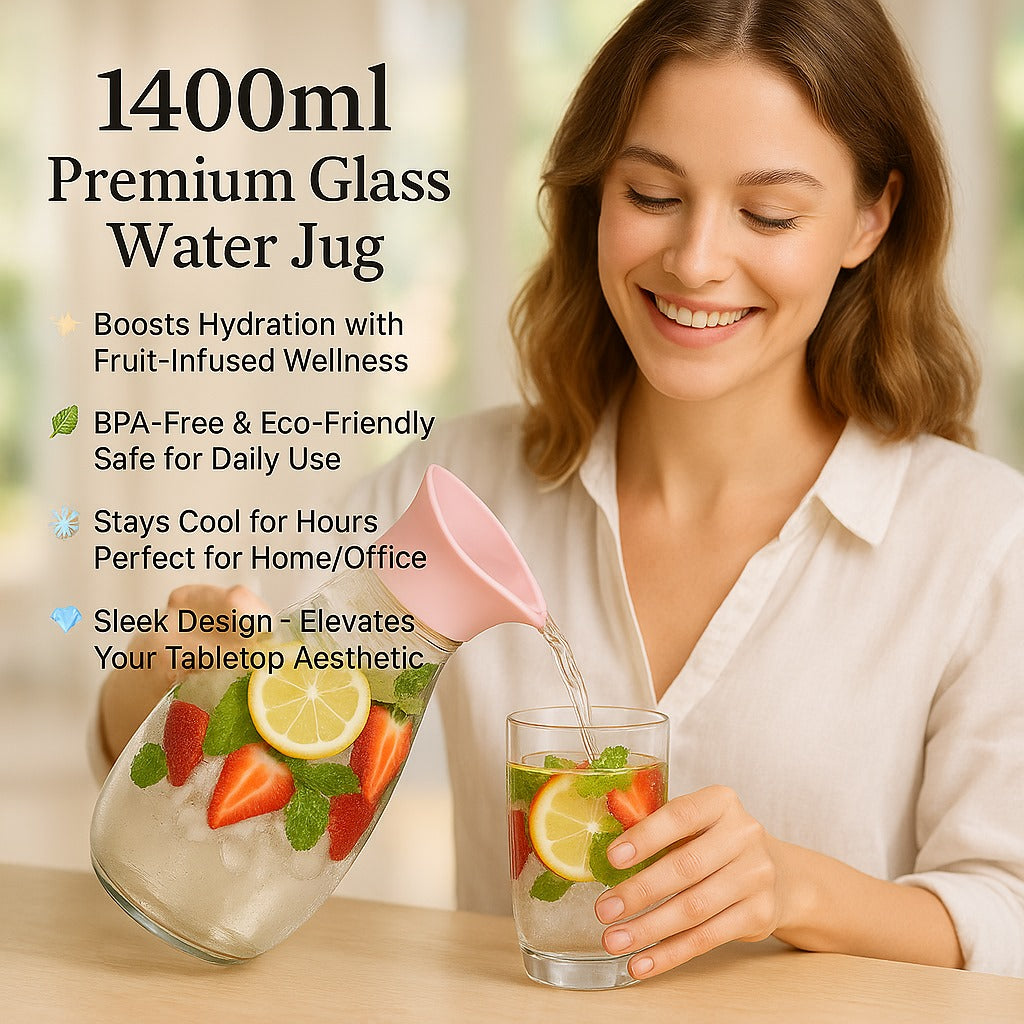 1400ml Hard Glass Water Jug with Lid �Heat-Resistant Pitcher for Water, Juice, Iced Tea, Milk &amp; Beverages