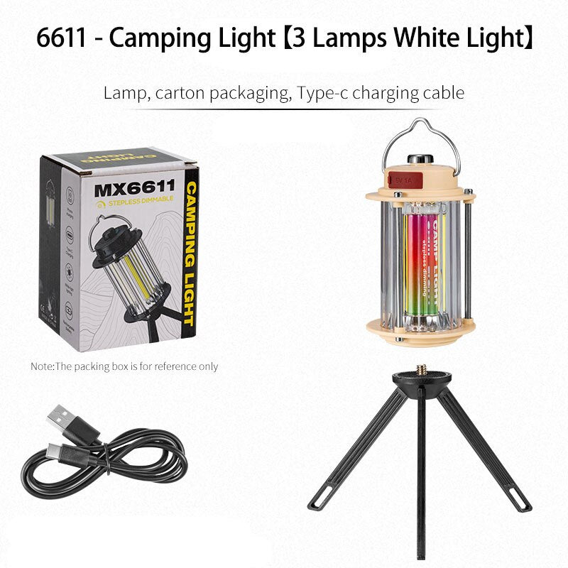 MX6611 Stepless Dimmable LED Camping Light �Portable Rechargeable Outdoor Lantern with Tripod Stand