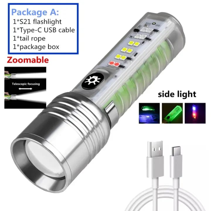 520A Multifunctional Zoom Flashlight | Rechargeable Torch with White, Red, Blue &amp; UV LED + White Laser