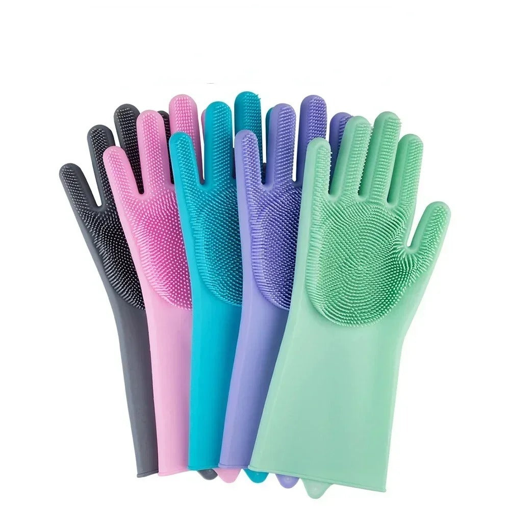 Magic Silicone Dish washing Gloves �Reusable Rubber Cleaning Gloves with Built-In Scrubber for Kitchen &amp; Household Use (Random color)