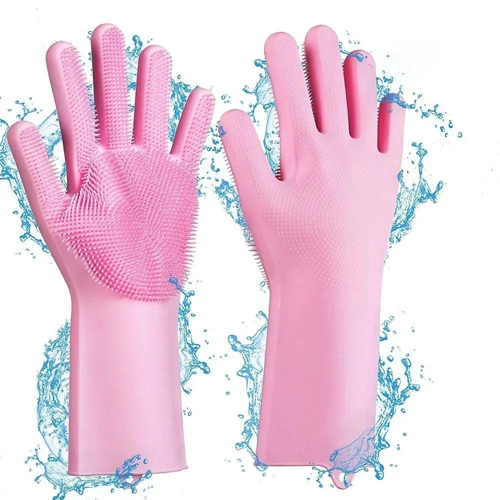 Magic Silicone Dish washing Gloves �Reusable Rubber Cleaning Gloves with Built-In Scrubber for Kitchen &amp; Household Use (Random color)