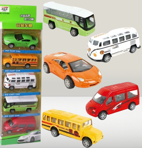 5-Piece Die Cast Metal Car and Bus Set �1:64 Scale City Vehicle Collection for Kids �Pull Back &amp; Release �Durable Metal &amp; Plastic Construction �Educational Toy for Ages 3+