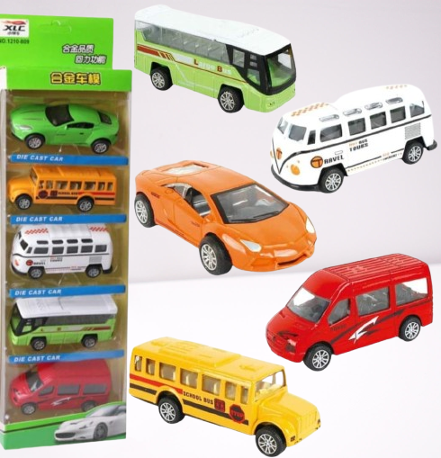 5-Piece Die Cast Metal Car and Bus Set �1:64 Scale City Vehicle Collection for Kids �Pull Back &amp; Release �Durable Metal &amp; Plastic Construction �Educational Toy for Ages 3+