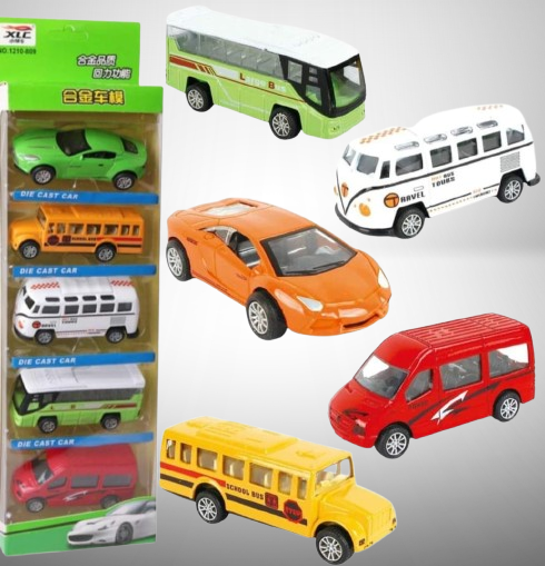 5-Piece Die Cast Metal Car and Bus Set �1:64 Scale City Vehicle Collection for Kids �Pull Back &amp; Release �Durable Metal &amp; Plastic Construction �Educational Toy for Ages 3+