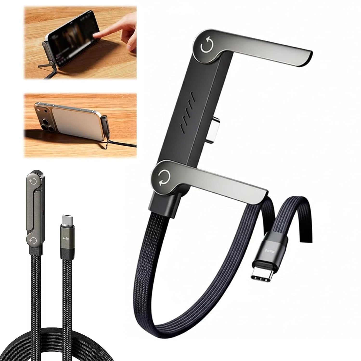 240W 2-in-1 USB-C to C Fast Charging Cable With Foldable Bracket | Type-C to Type-C Data Cable & Desktop Holder