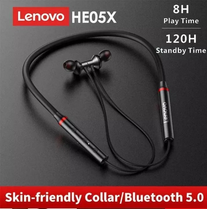 Lenovo HE05X Bluetooth 5.0 Magnetic Neckband Earphones with Mic �8 Hours Playtime, Sweatproof Sports Headset