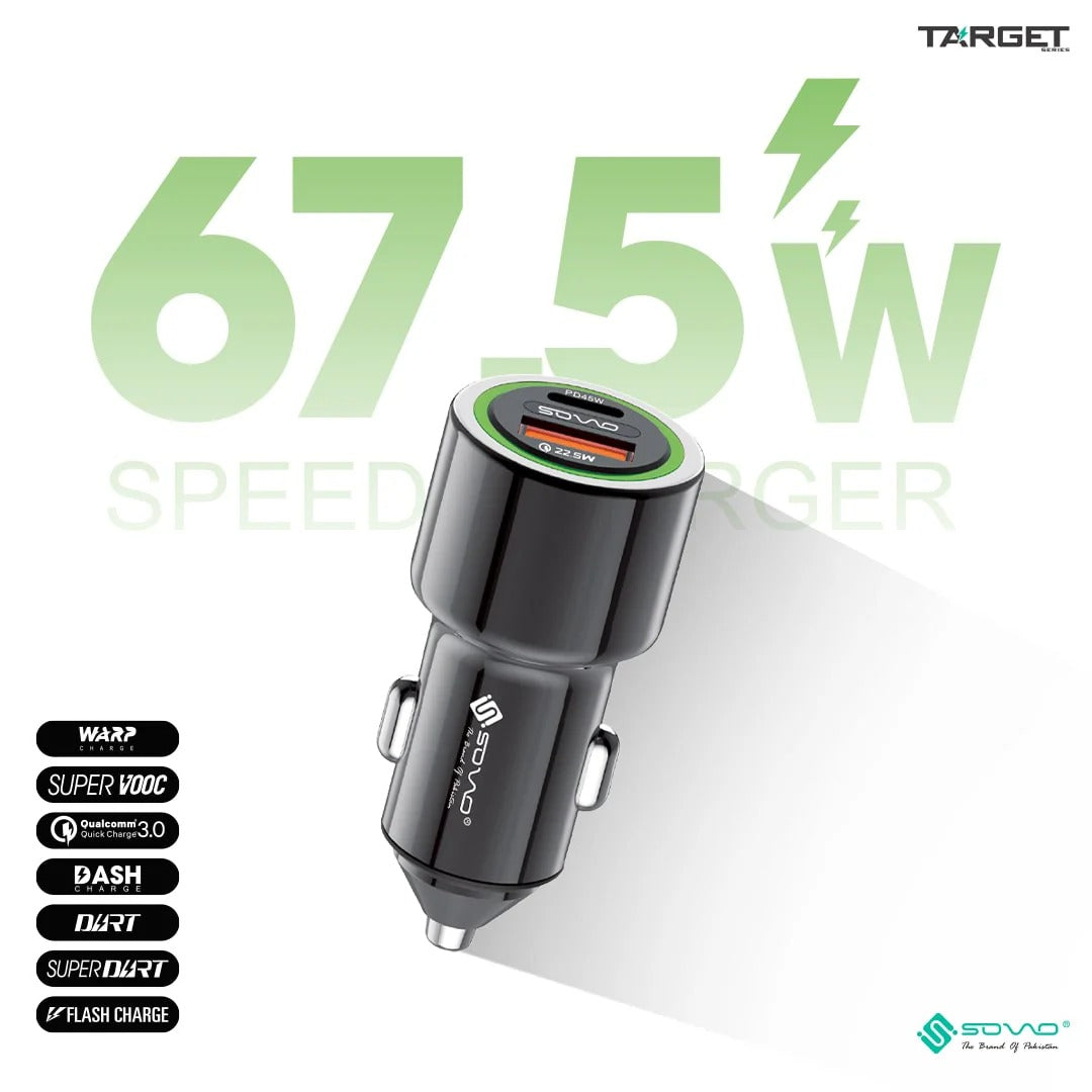 SOVO Fast Car Charger with USB PD, QC 3.0 and Super VOOC Support for All Mobile Devices