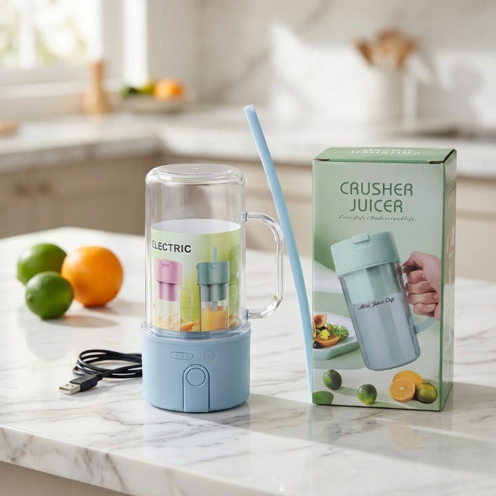 Portable Mini Crusher Juicer �USB Rechargeable Electric Juice Cup with Straw & Handle for Fresh Shakes and Smoothies
