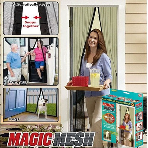 Mosquito Magic Mesh Hands-Free Screen Door Curtain �Magnetic Self-Closing Net with 20pcs Double Tape & 12pcs Hooks for Easy Installation