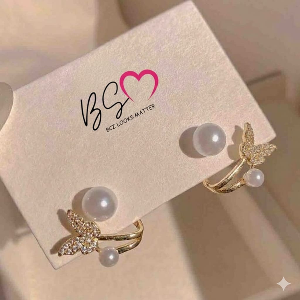 AXJ-161 Butterfly Pearl Korean Earrings- Silver