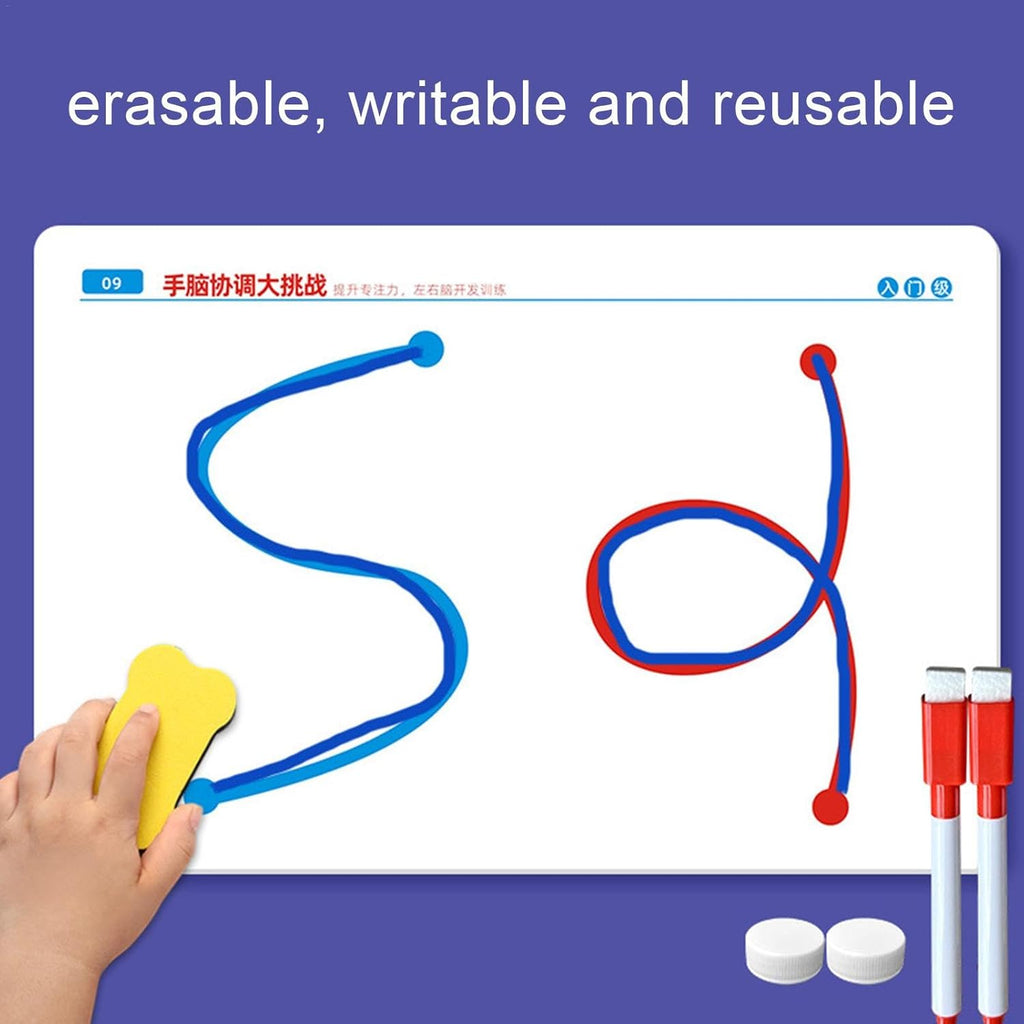 2-in-1 Brain Development Training Kit �Reusable Finger Maze & Pen Control Workbook for Kids & Adults (20 Training Pictures)