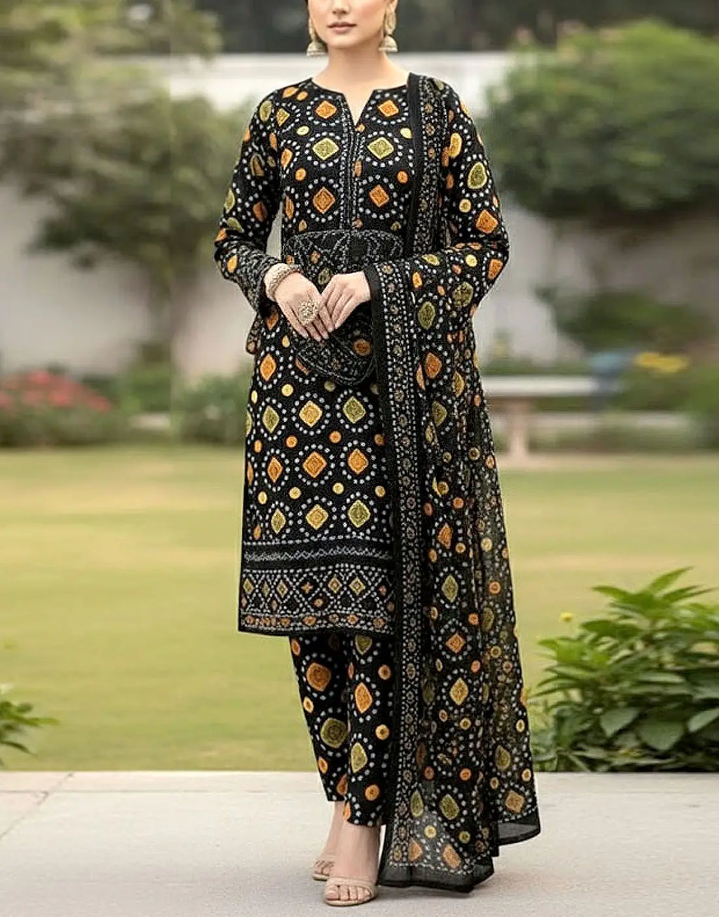 Elegant Digital Chunri Print Embroidered Lawn 3 Piece Unstitched Suit with Chiffon Dupatta �Summer Collection