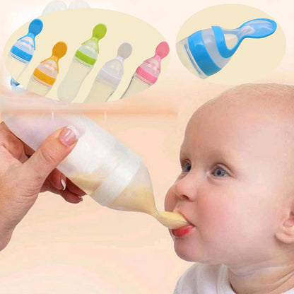 Baby Spoon Feeder | 90ml Silicone Feeding Bottle with Spoon | Infant & Toddler Food Supplement Bottle
