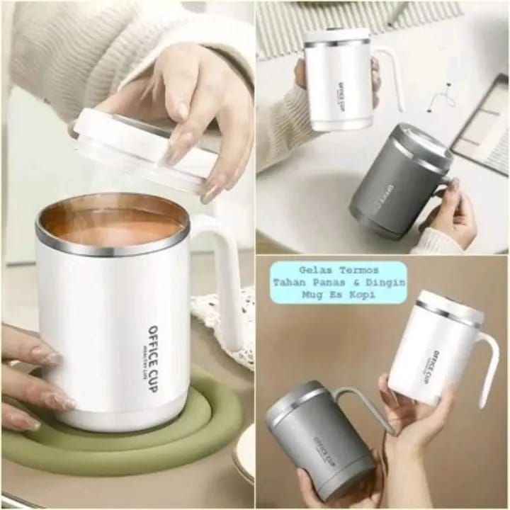 Office Cup: 500ml Double-Walled Stainless Steel Coffee Mug with Ergonomic Handle, Splash-Proof Lid, and Minimalist "Healthy Life" Aesthetic for Home & Workspace